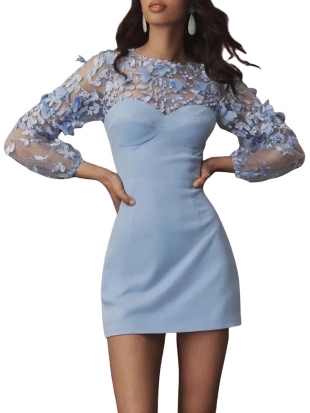 Dress the Population Mila Floral Applique Mini Dress in Sky NWT